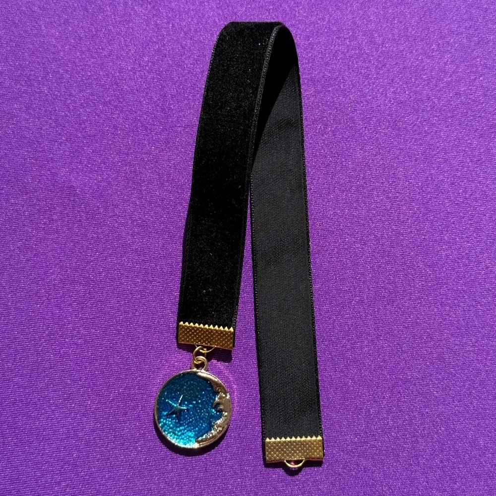 Black Velvet Ribbon Bookmark with Blue and Gold Moon and Star Pendant